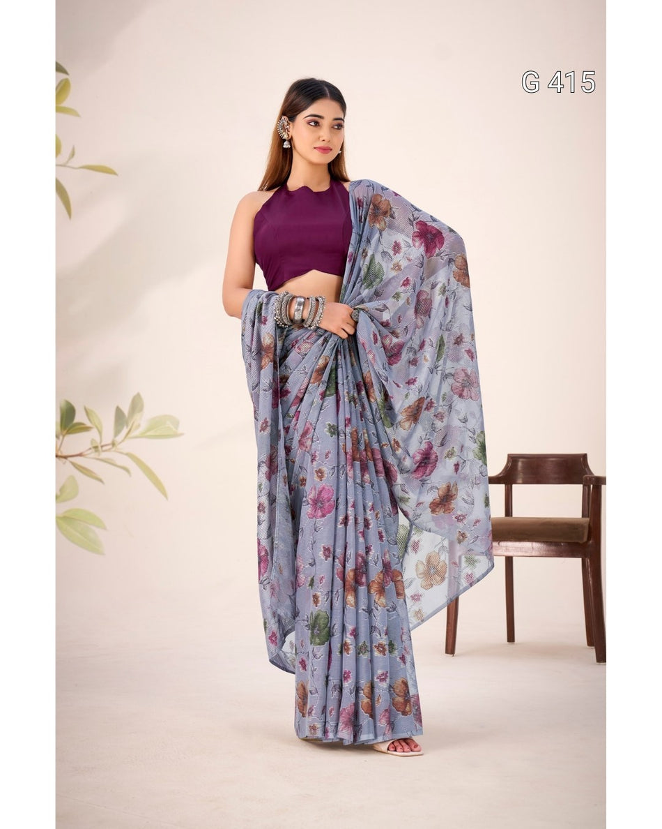 Floral Viscose Brasso Saree with Plain Silk Blouse – G 415