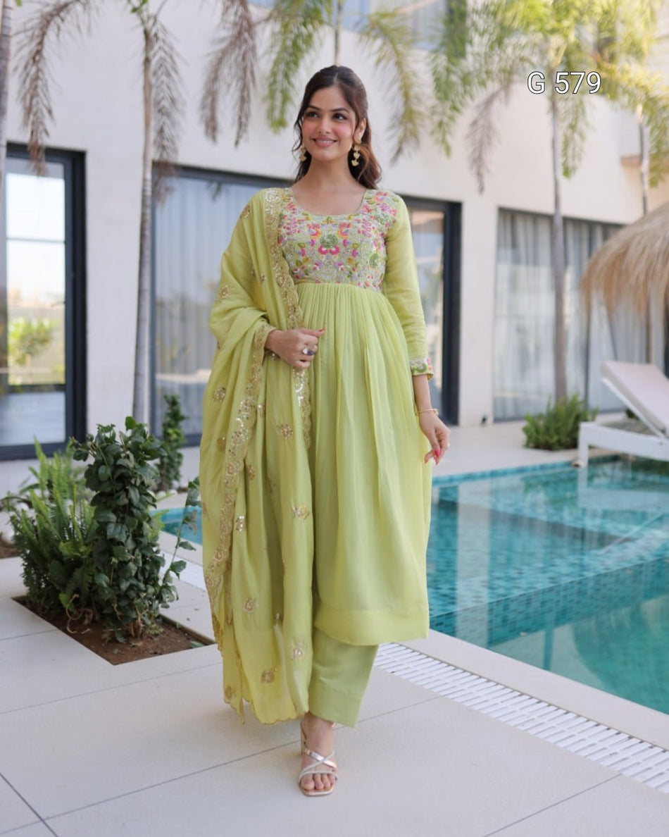 Elegant Mal Chanderi Gown with Cutwork Lace -  G 579