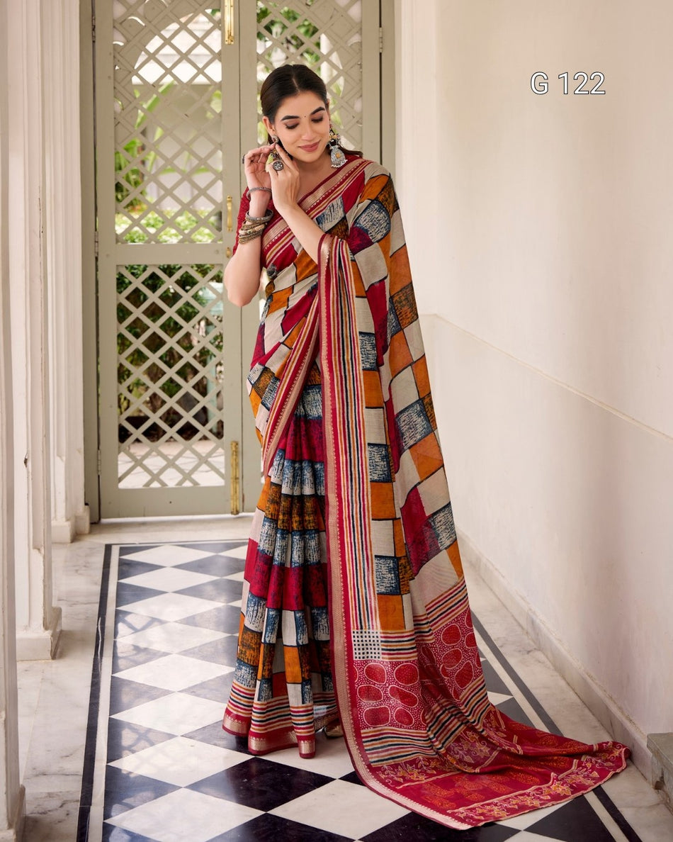 Printed Polyester Viscose Chanderi Saree with Temple Border – G 122