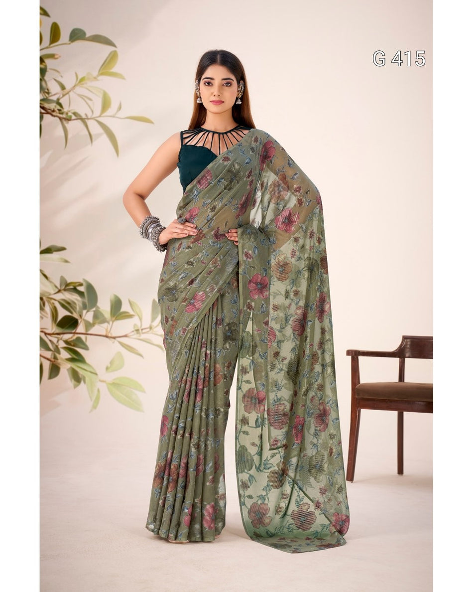 Floral Viscose Brasso Saree with Plain Silk Blouse – G 415