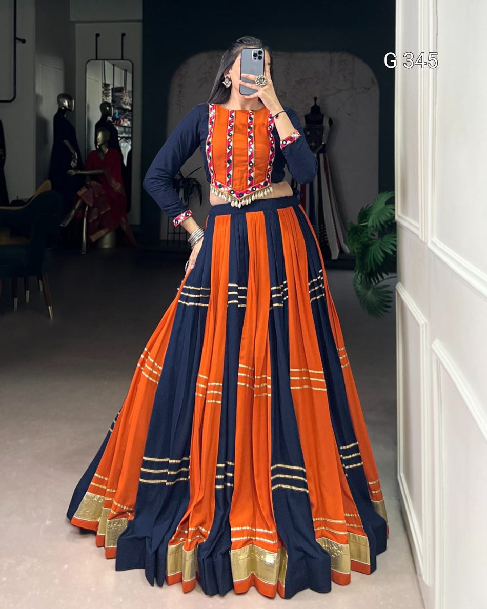 Navy Blue Pure Rayon Lehenga with Embossed & Gotta Patti Lace Work - G345