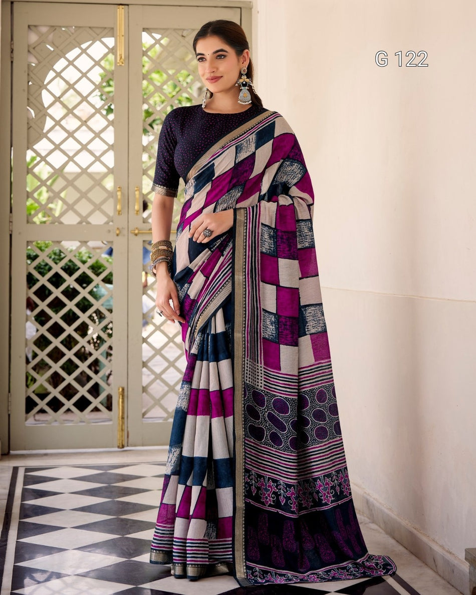 Printed Polyester Viscose Chanderi Saree with Temple Border – G 122