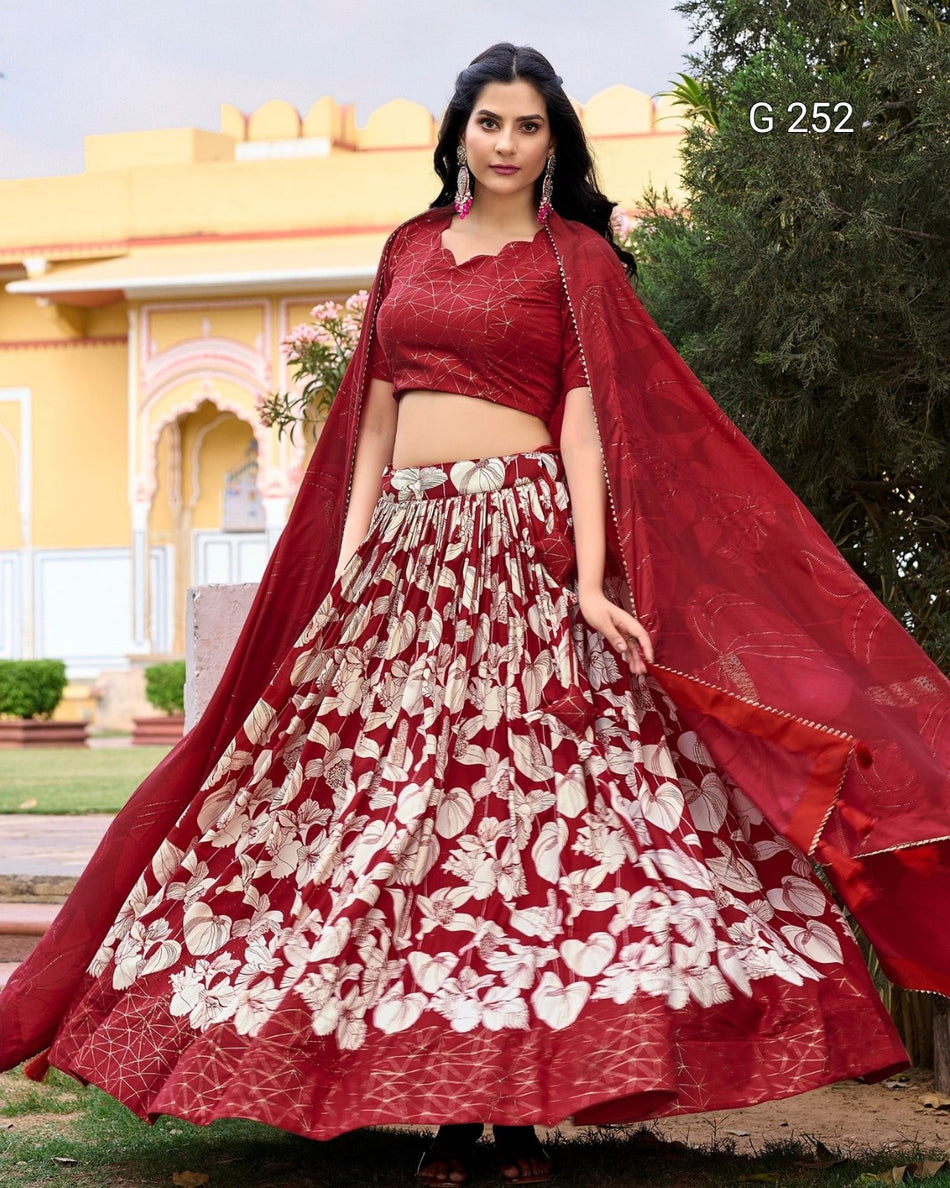 Floral Print Tussar Silk Lehenga with Foil Print – G 252