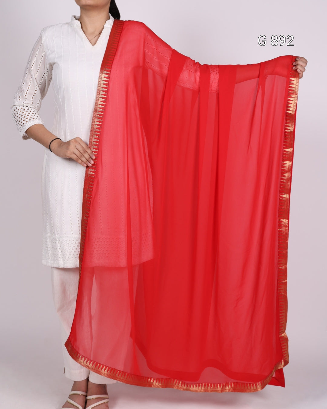 Red saree with a white blouse and red border held by a person on a white background