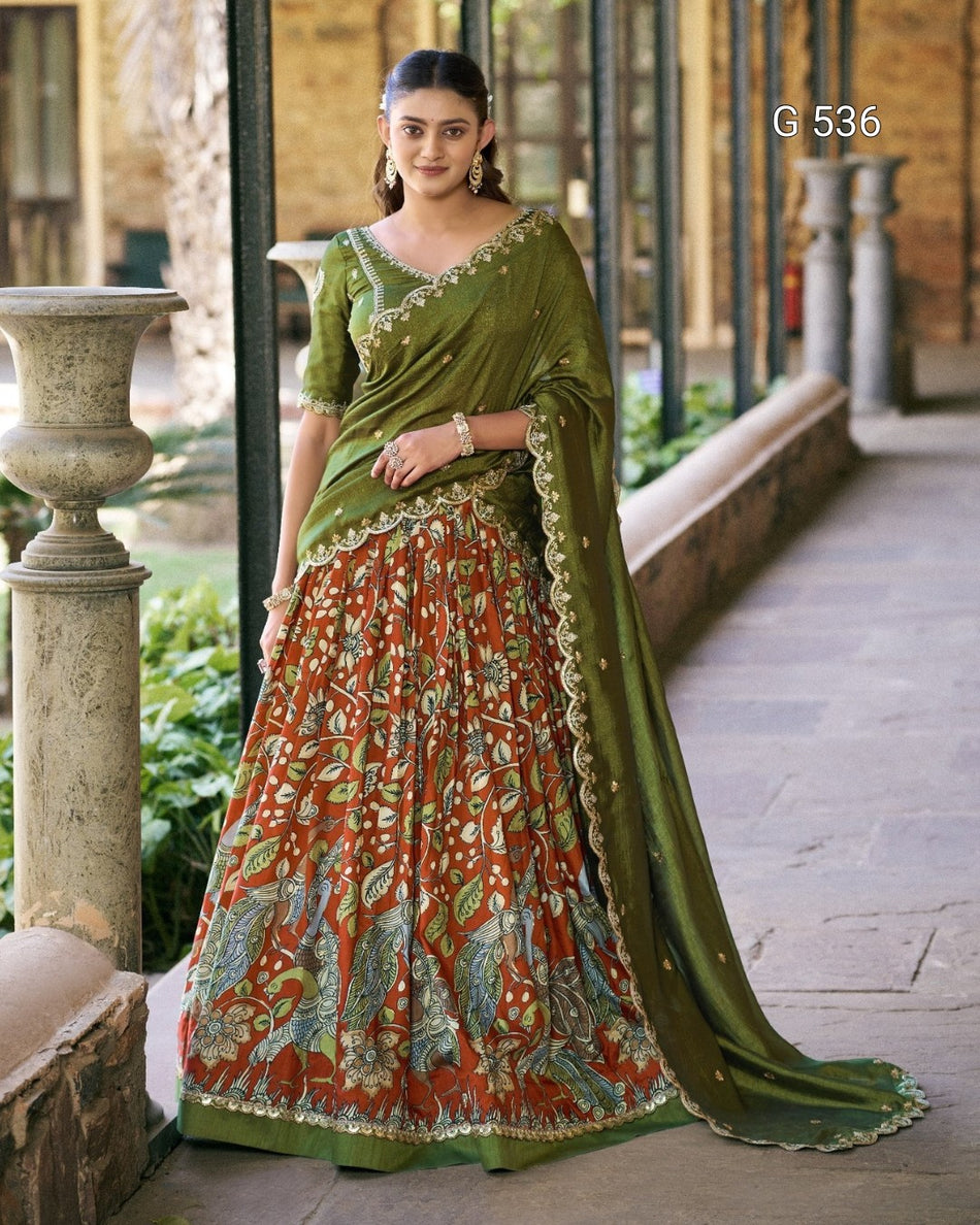Kalamkari Tasar Silk Lehenga with Embroidered Dupatta - G 536