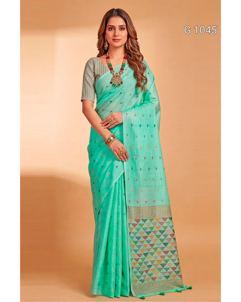 Traditional Linen Cotton Weaving Sarees for Festive Occasions - G 1045
