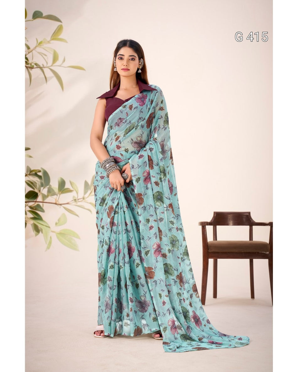 Floral Viscose Brasso Saree with Plain Silk Blouse – G 415