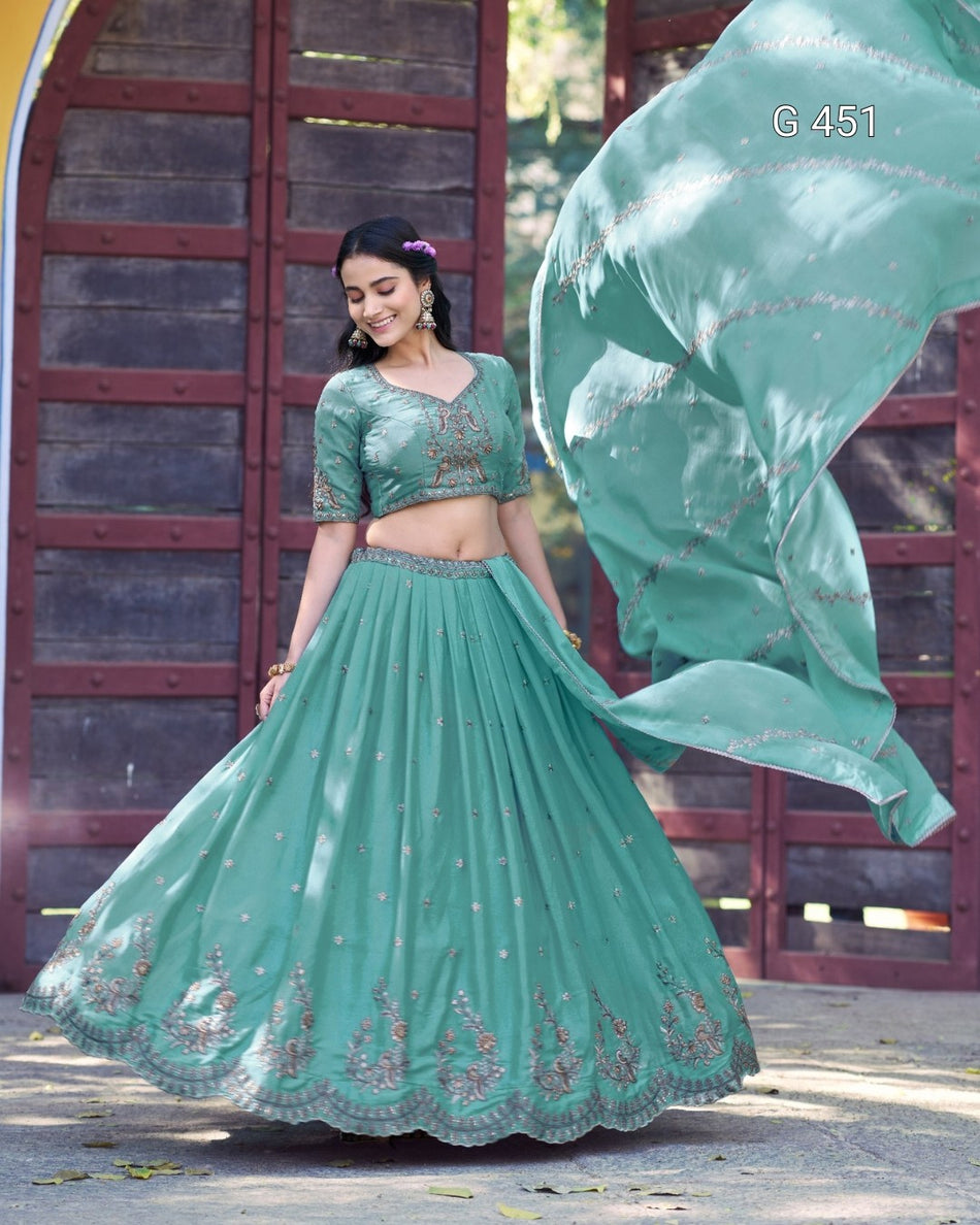 Elegant Aqua Lehenga with Sequins and Thread Work - G 451