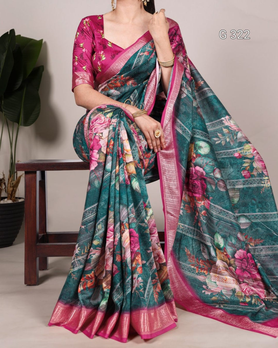 Tussar Silk Saree with Viscose Border & Printed Work – G322