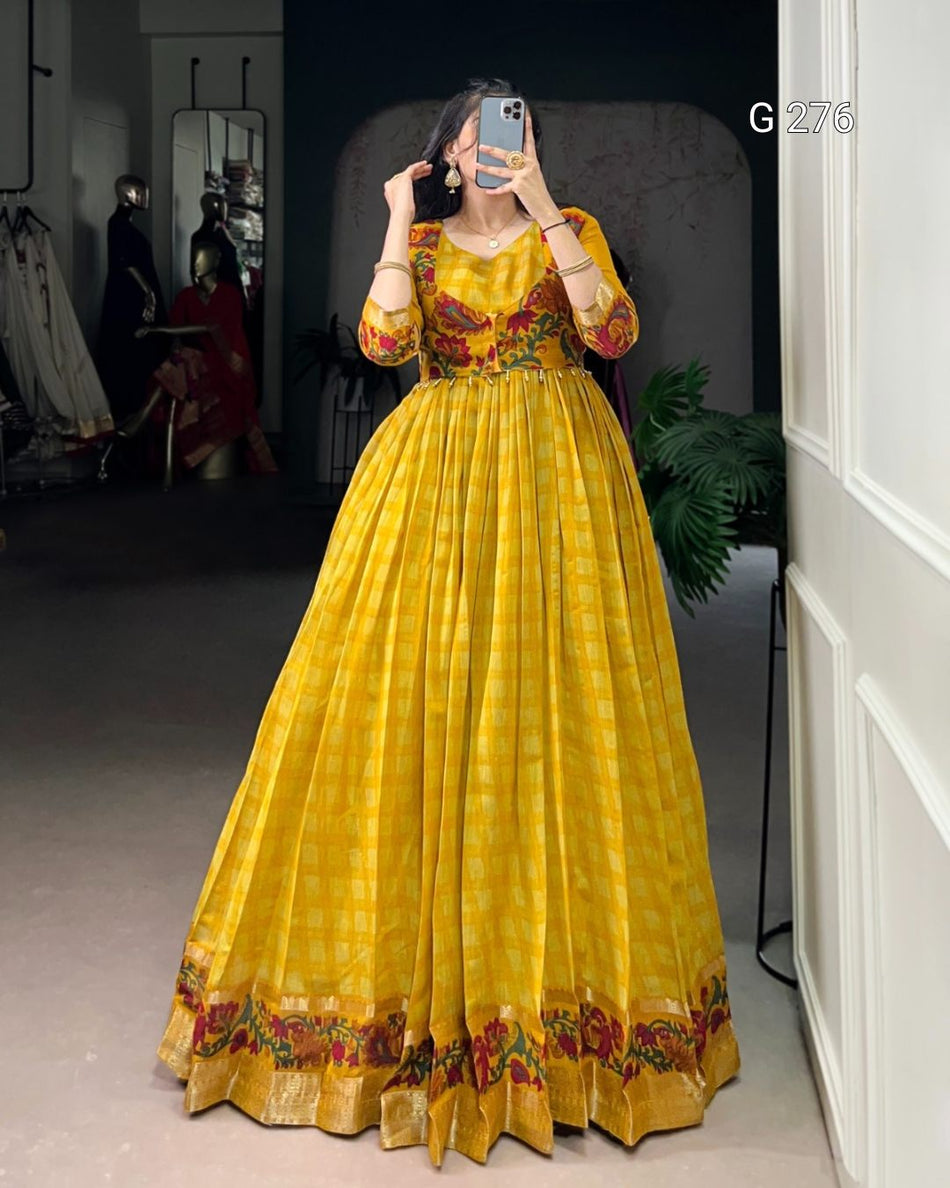Designer Chanderi Gown with Printed Koti for Women – G 276