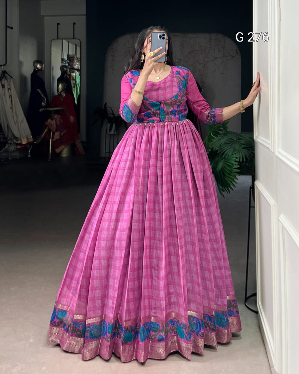 Designer Chanderi Gown with Printed Koti for Women – G 276