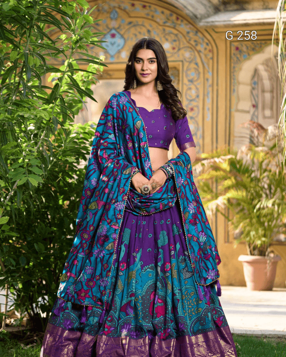 Kalamkari Print Tasar Silk Lehenga with Foil Work Border – G 261