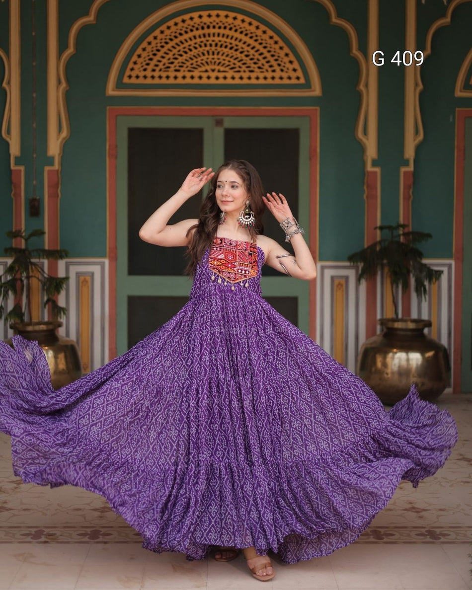Bandhani Print Faux Georgette Gown with Kutchi Patchwork – G 409