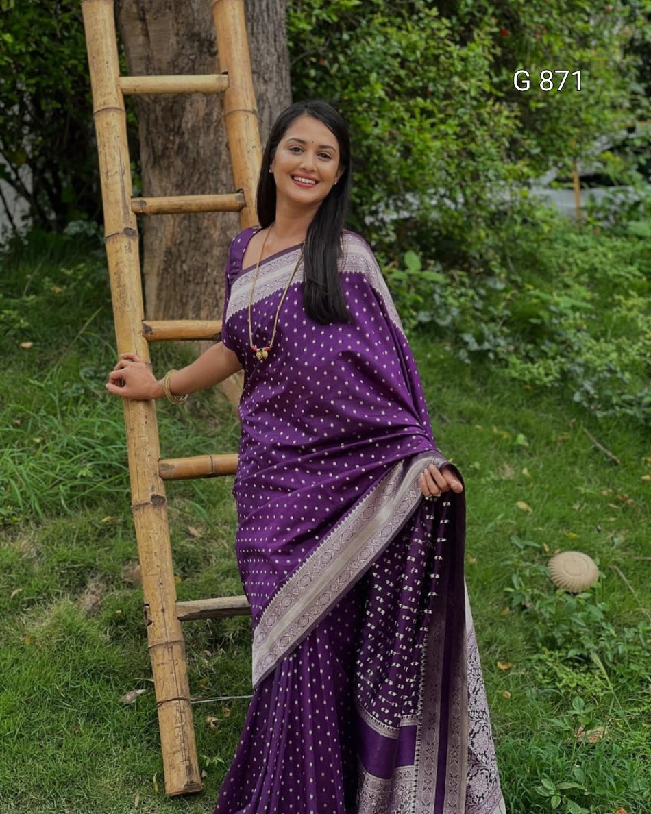 Woman in a purple saree standing next to a wooden ladder in a garden setting