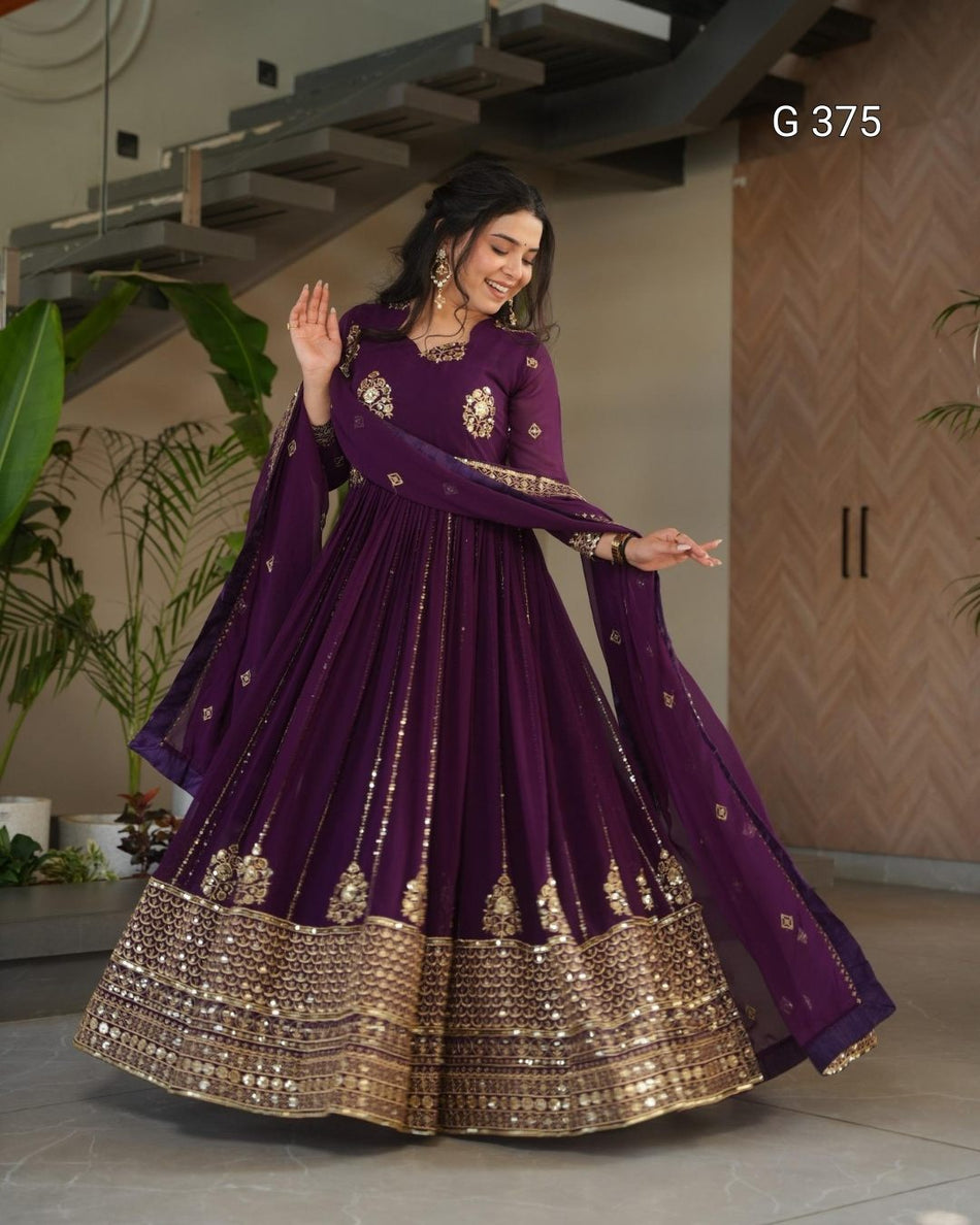 Faux Blooming Gown with Zari & Sequins Embroidery – G 375  Purple
