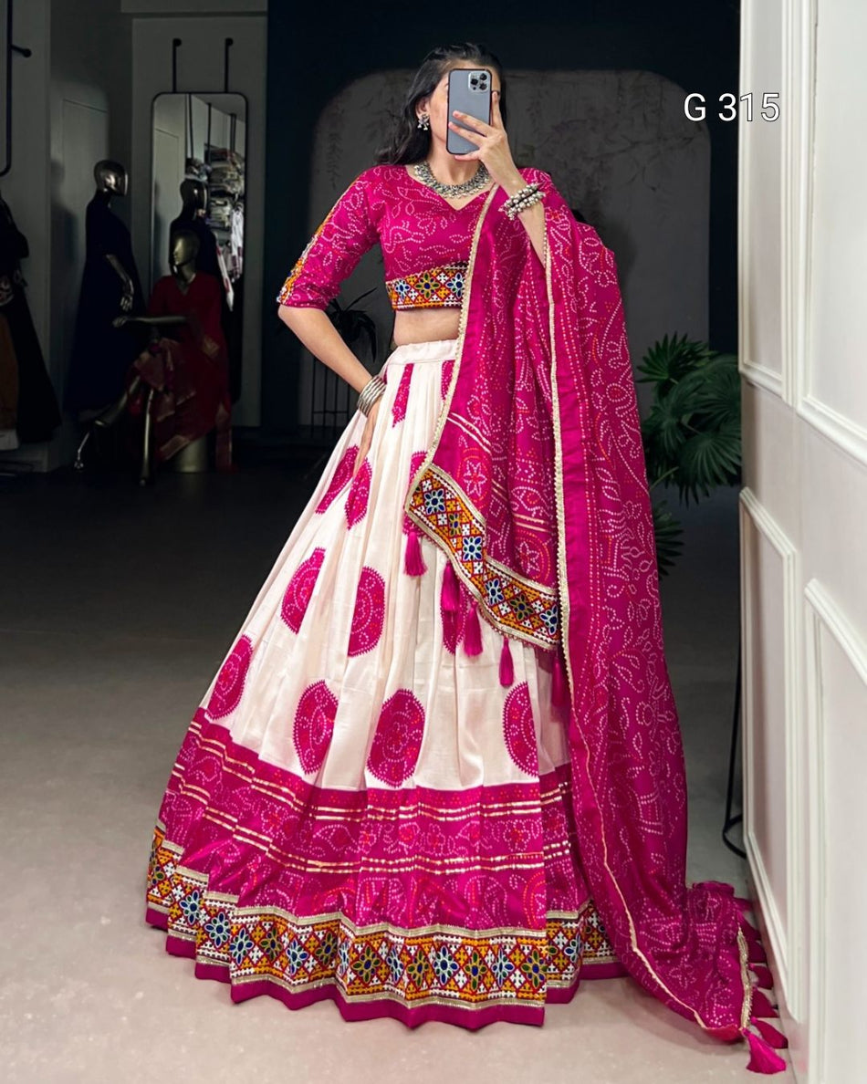 Bandhej Print Tasar Silk Lehenga with Gamthi Work – G315