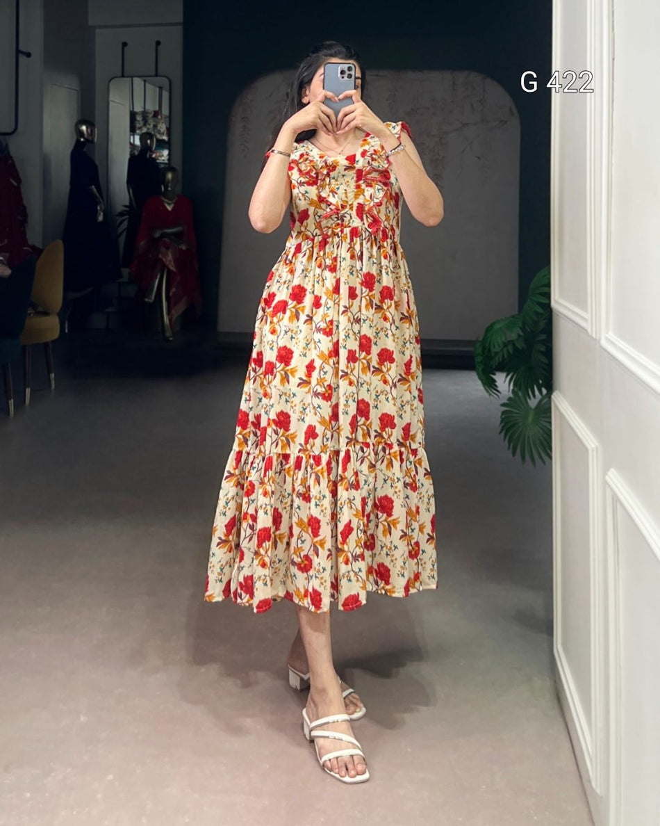 Floral Printed Maslin Silk Frock – G 422