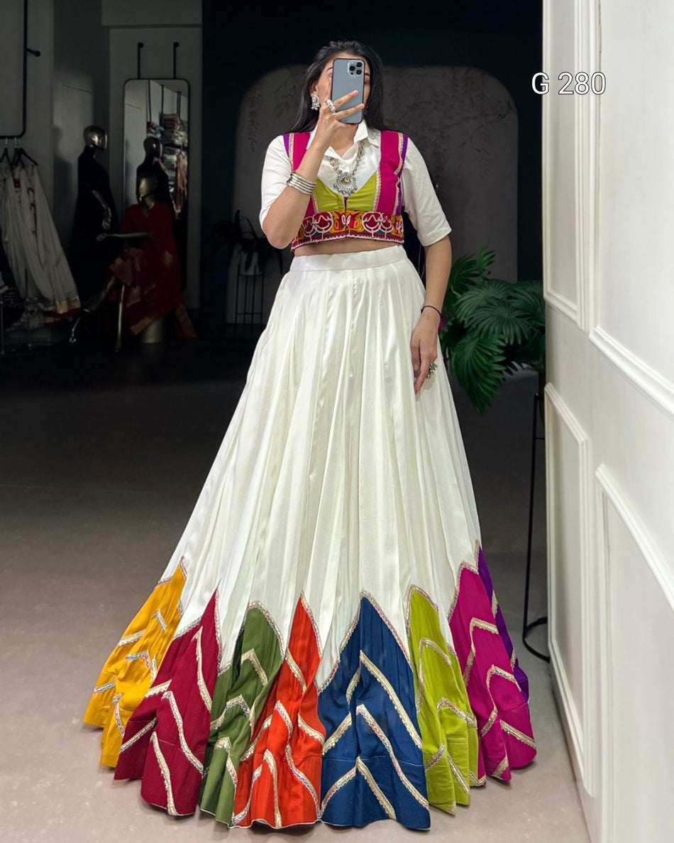 Multi Colour Patch Rayon Lehenga with Plain Shirt & Gamthi Koti – G 280