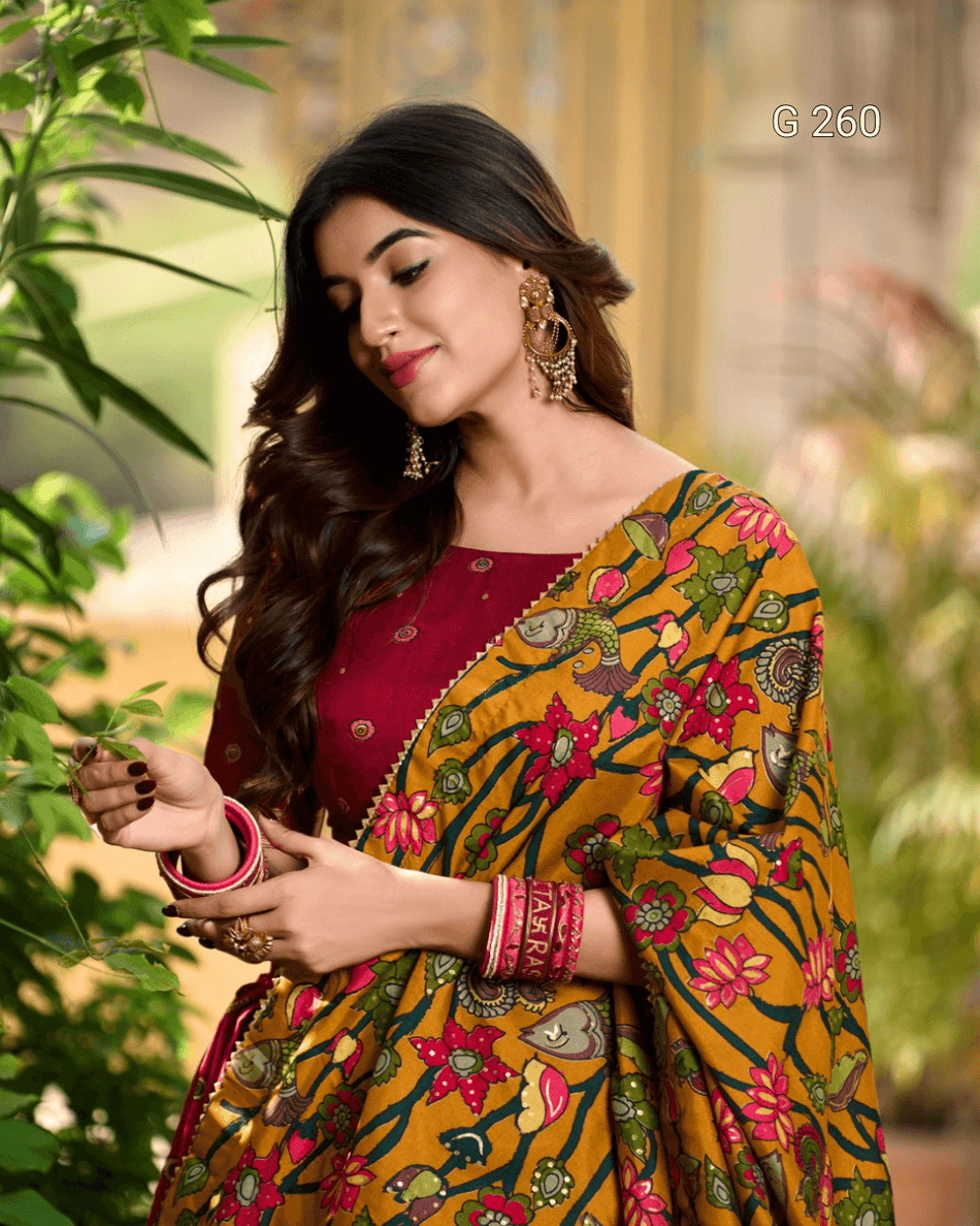 Kalamkari Print Tasar Silk Lehenga with Foil Work Border – G 261