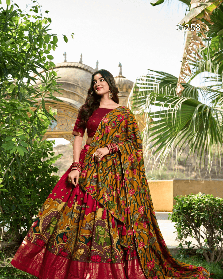 Kalamkari Print Tasar Silk Lehenga with Foil Work Border – G 261