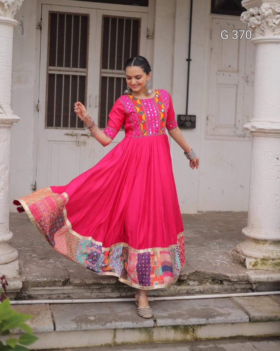 Roman Fabric Gown with Multicolor Thread & Mirror Work – G 370