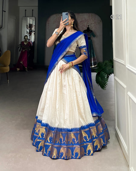 Woman wearing a traditional outfit with a blue and white saree in a room.