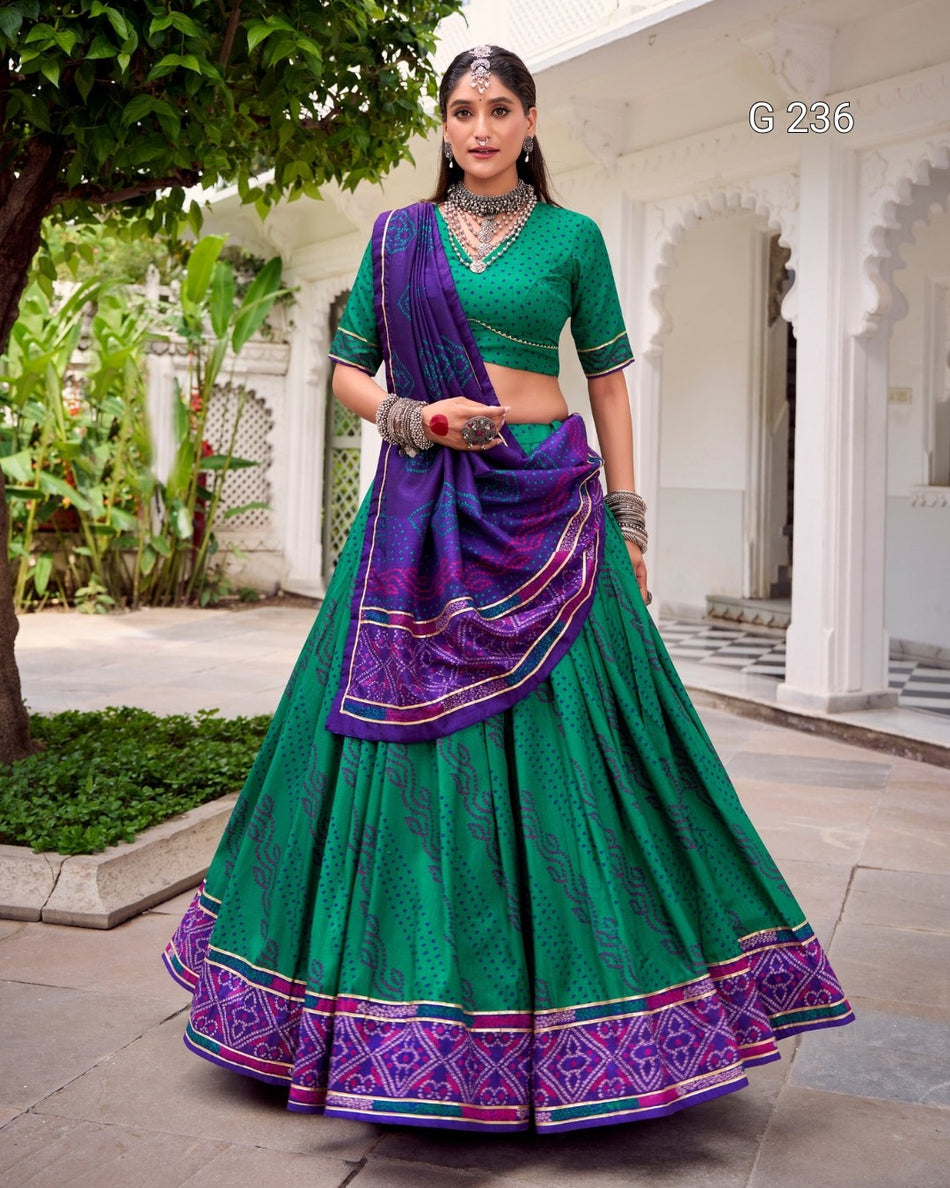 Bandhej Print Tasar Silk Lehenga with Gotta Patti Lace – G 236