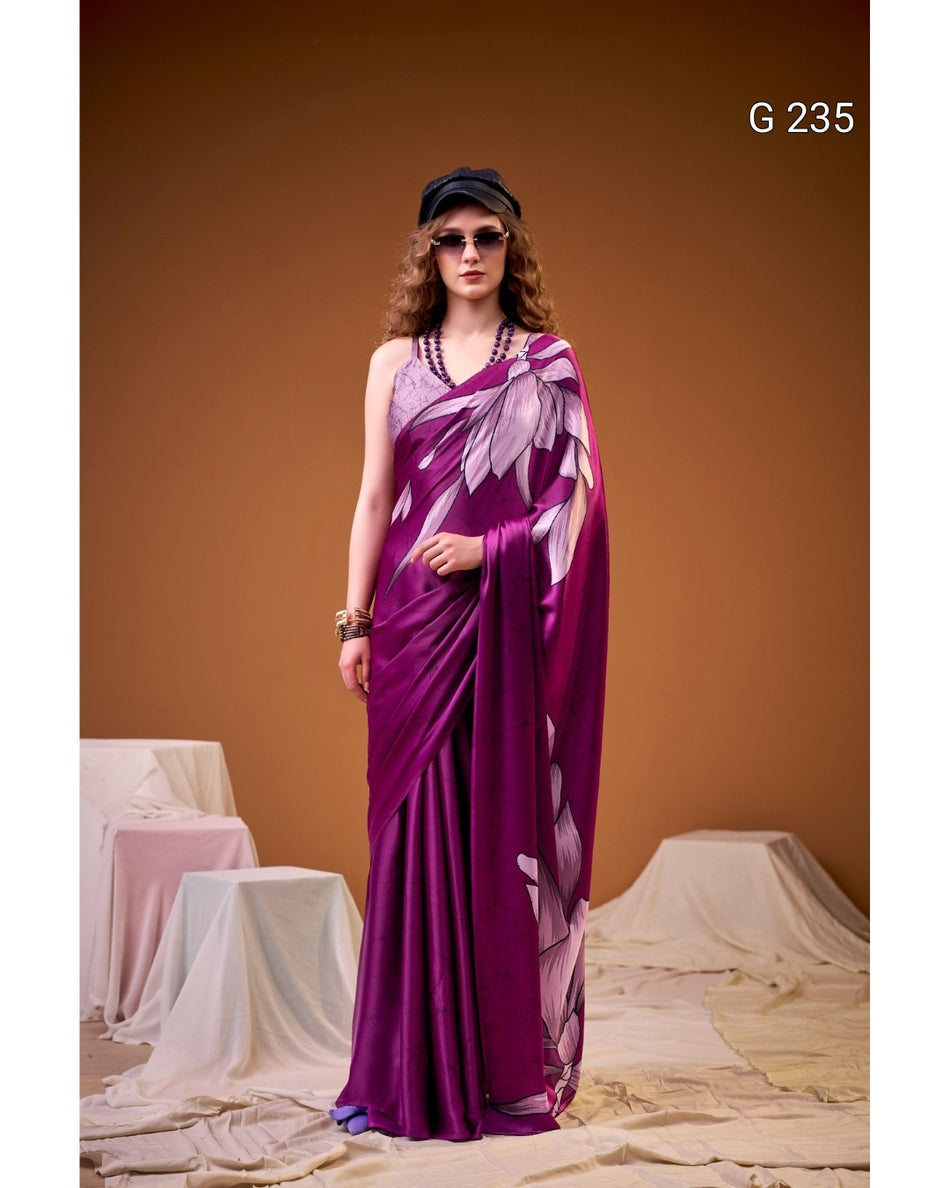 Floral Printed Satin Silk Saree – G 235