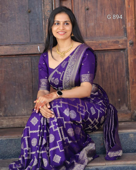 Woman in a purple saree with silver patterns sitting on steps.