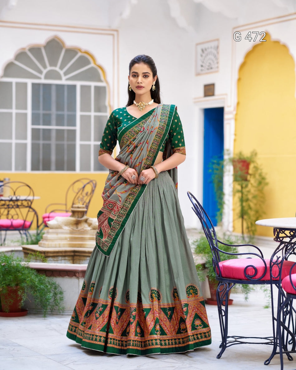 Designer Tasar Silk Lehenga with Print and Sparkle - G 472