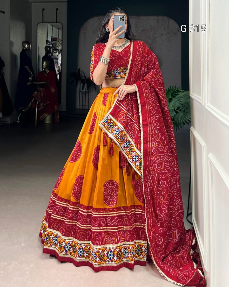 Bandhej Print Tasar Silk Lehenga with Gamthi Work – G315