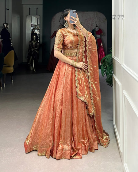 Woman in a peach saree with gold details taking a mirror selfie.
