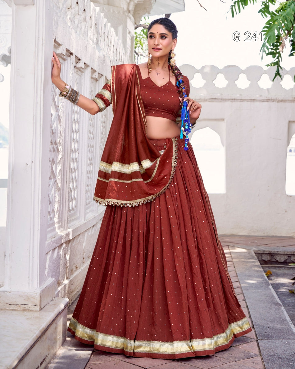 Zari Weaving Pure Chanderi Lehenga with Embossed Design Lace – G 241