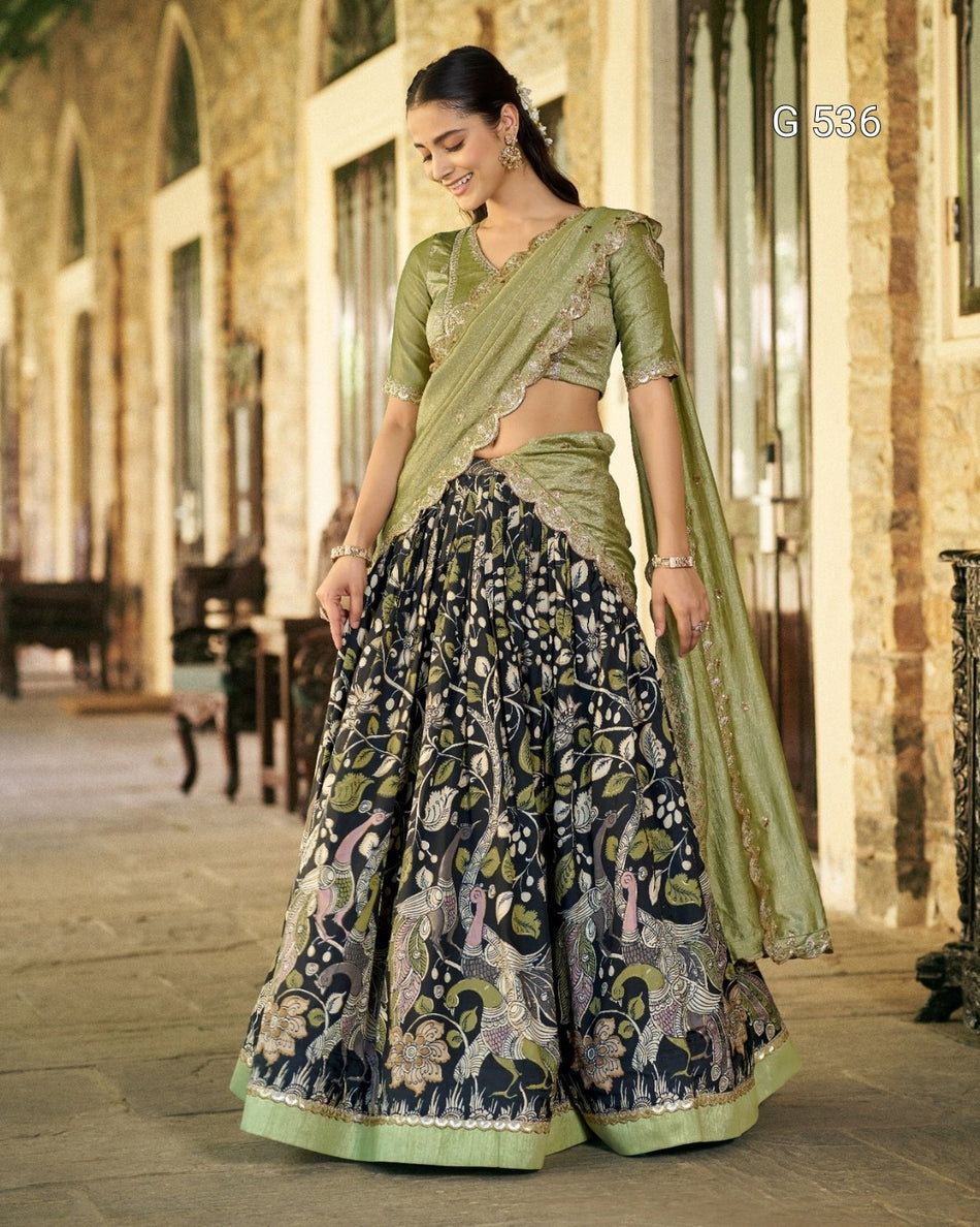 Kalamkari Tasar Silk Lehenga with Embroidered Dupatta - G 536