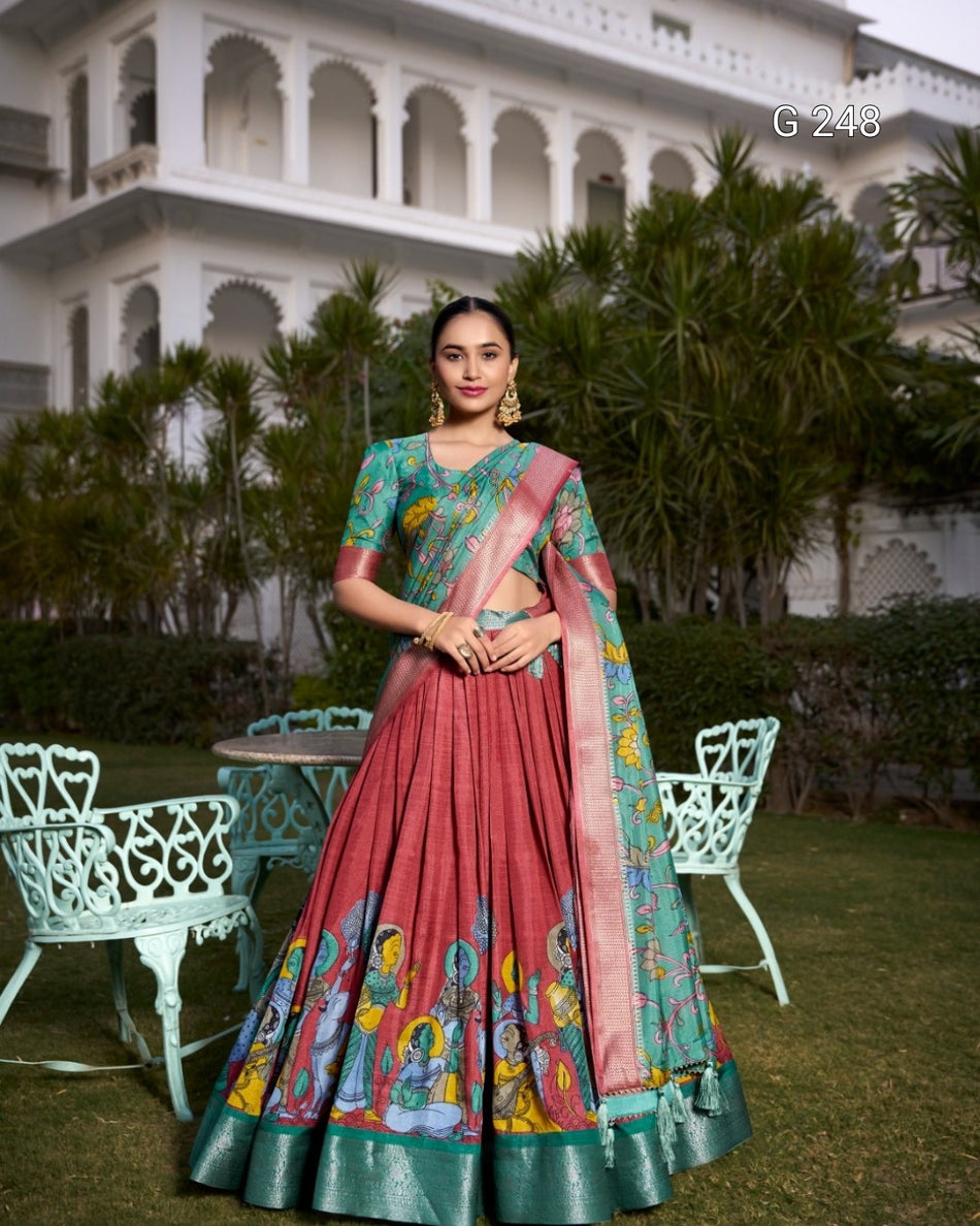 Kalamkari Printed Dola Silk Lehenga with Zari Weaving Border – G 248