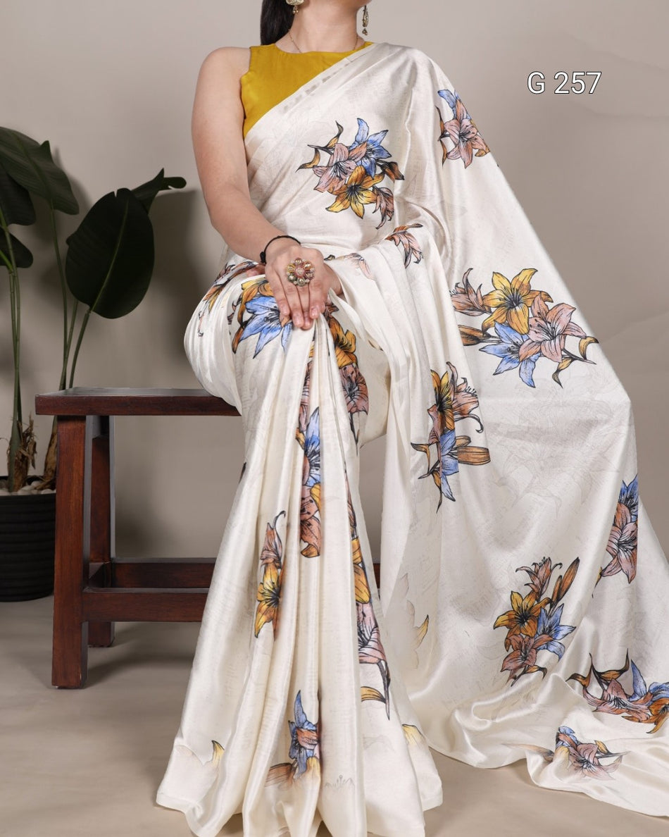 Floral Printed Satin Silk Saree – G 257