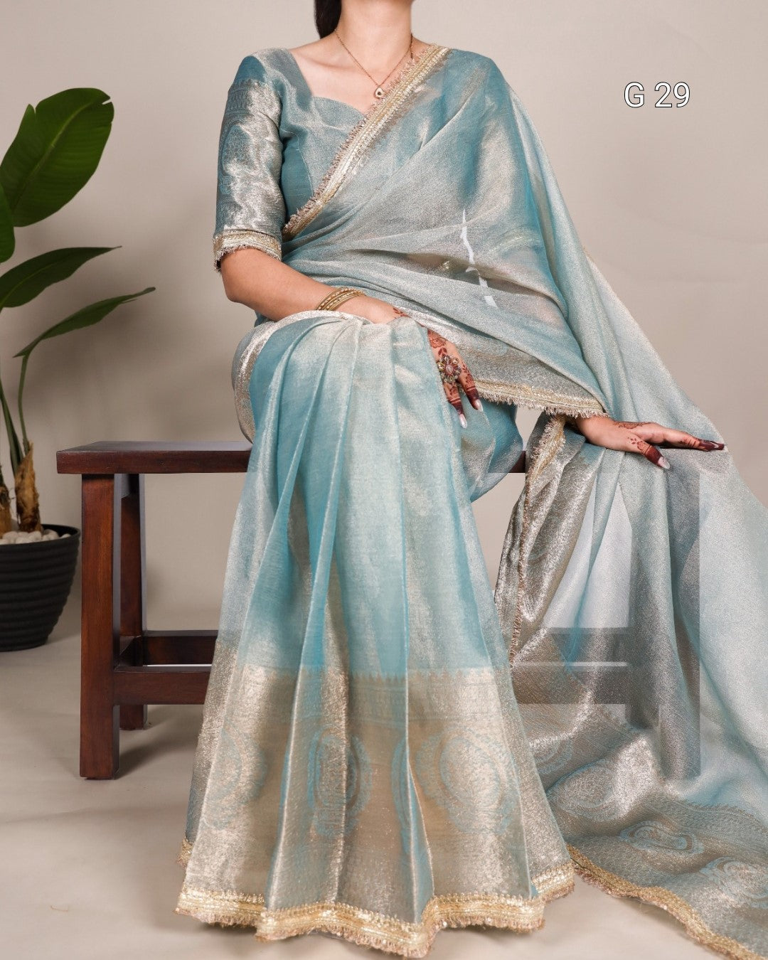 Woman wearing a light blue saree with a plant in the background