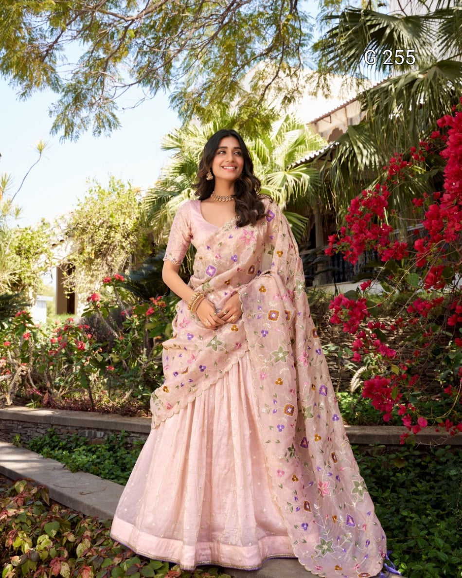 Sequins & Thread Embroidery Gold Crush Lehenga with Lace Border – G 255