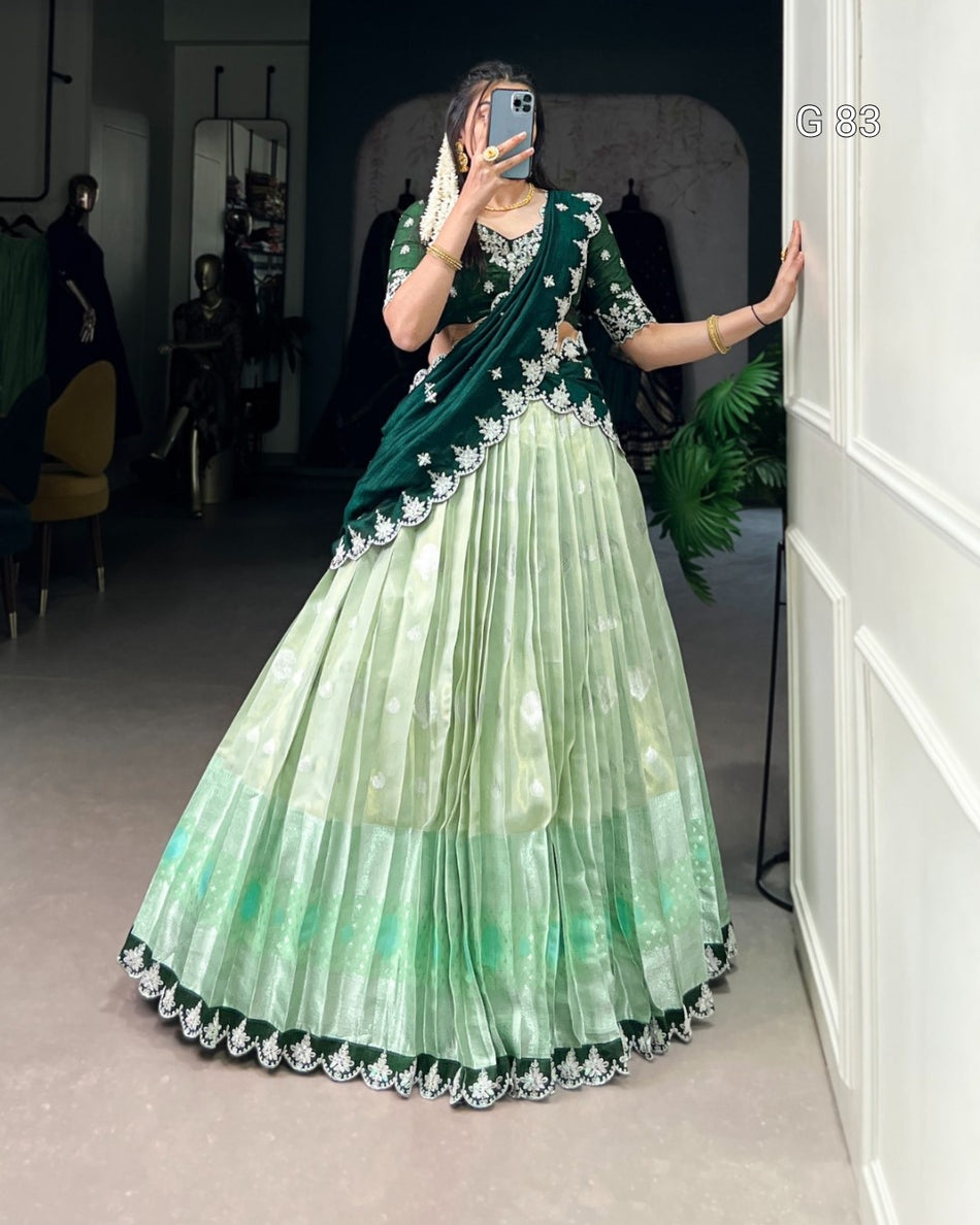 Zari Kota Lehenga with Sequins & Thread Embroidery Scallop Lace Border – G83
