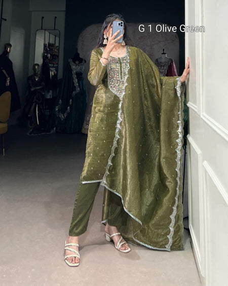 Person wearing an olive green traditional outfit with a dupatta in a fitting room.