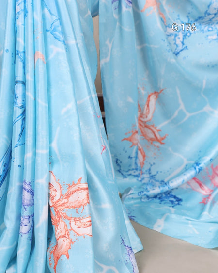 Blue fabric with pink floral patterns, labeled G176.