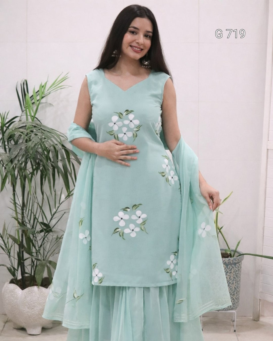 Pure Georgette Kurti Sharara Set with Hand Painting G 719