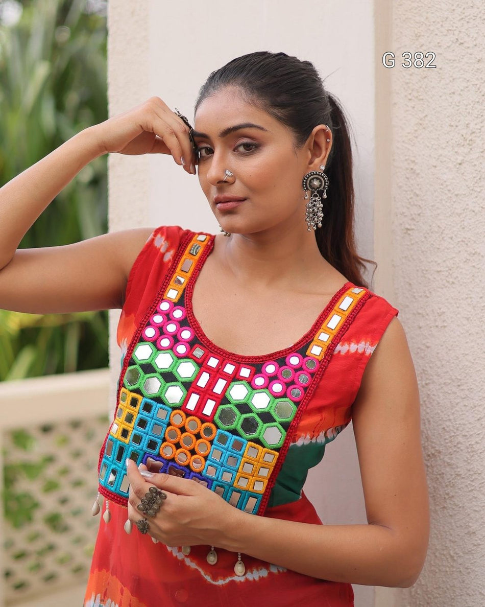 Bandhej Printed Georgette Kurti with Kutchi Gamthi Mirror Work – G 382