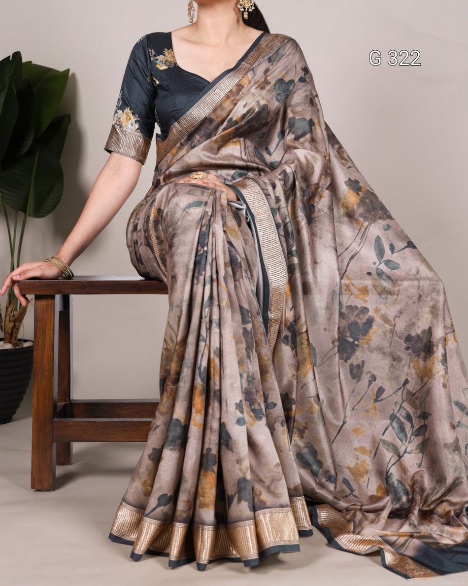 Tussar Silk Saree with Viscose Border & Printed Work – G322