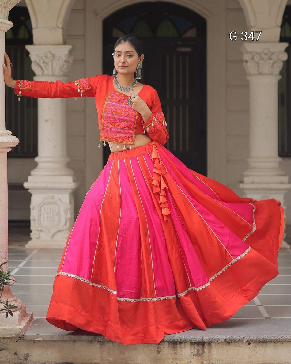 Pink Roman Lehenga with Mirror Lace & Thread Embroidery Work - G347