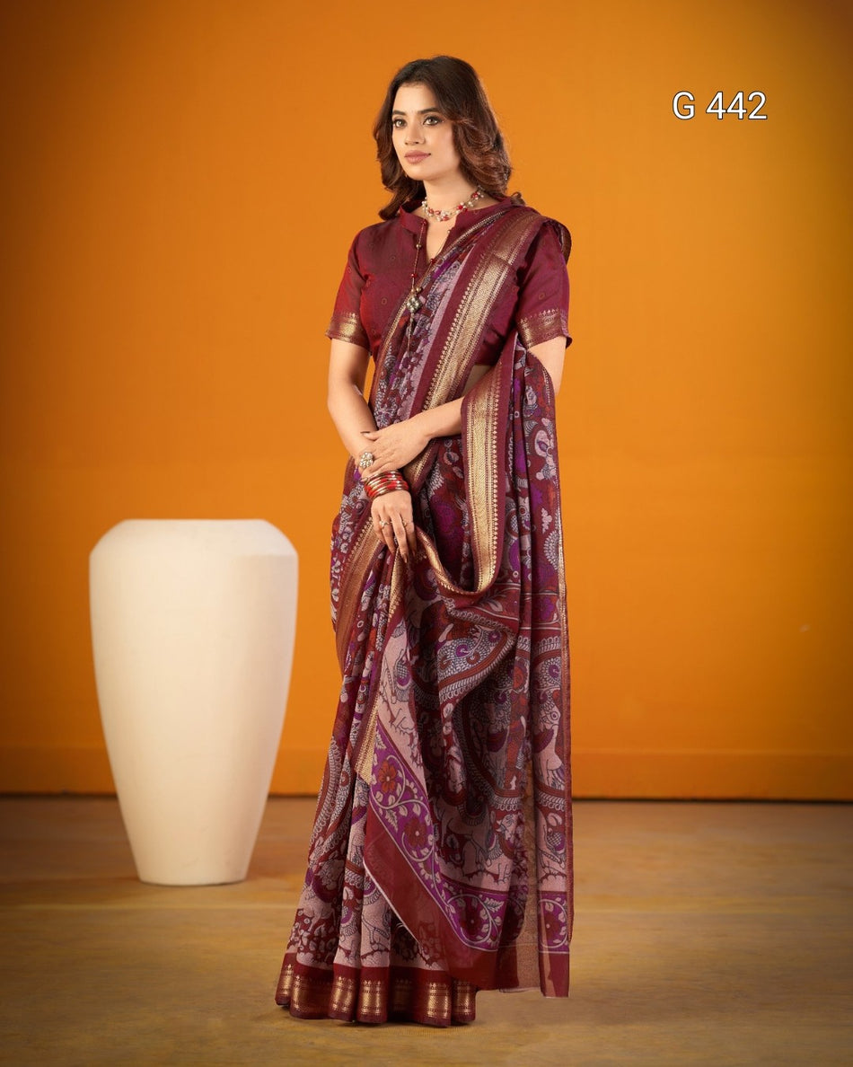 Kalamkari Chanderi Sarees with Shimmering Zari Work - G 442