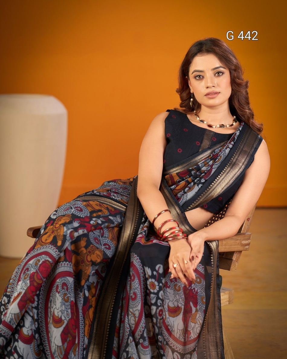 Kalamkari Chanderi Sarees with Shimmering Zari Work - G 442