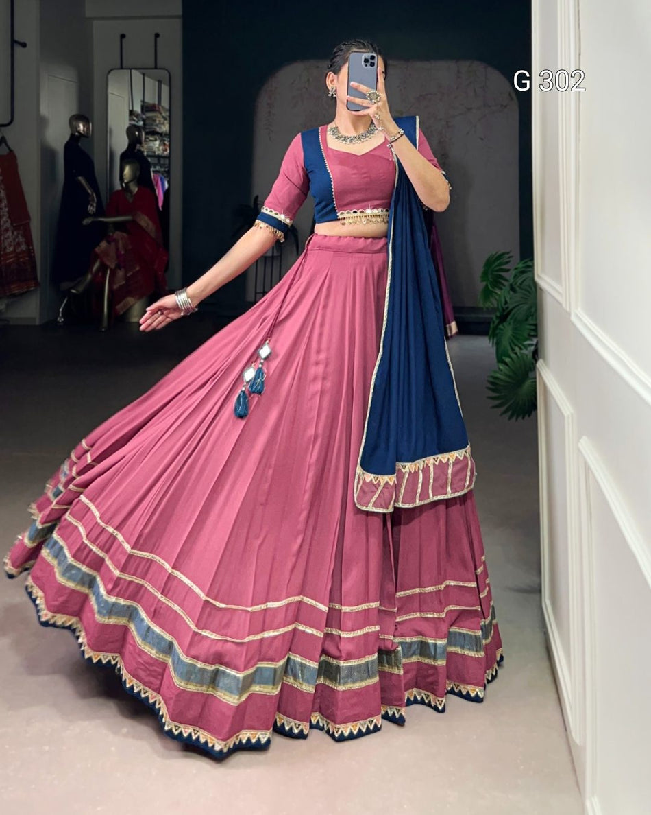 Dark Pink Pure Rayon Lehenga with Lace & Mirror Work – G 302