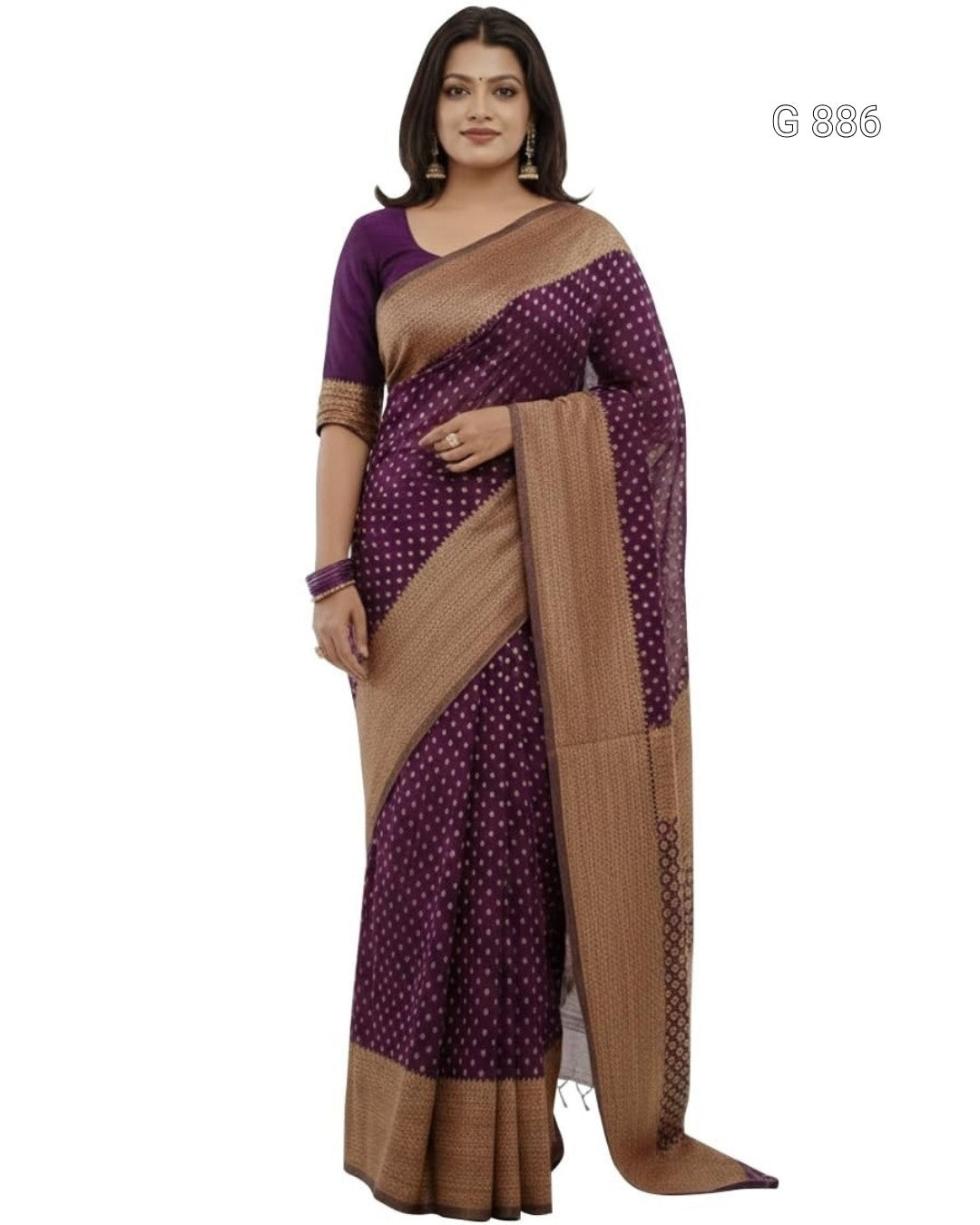 Woman wearing a purple and brown saree with a white background