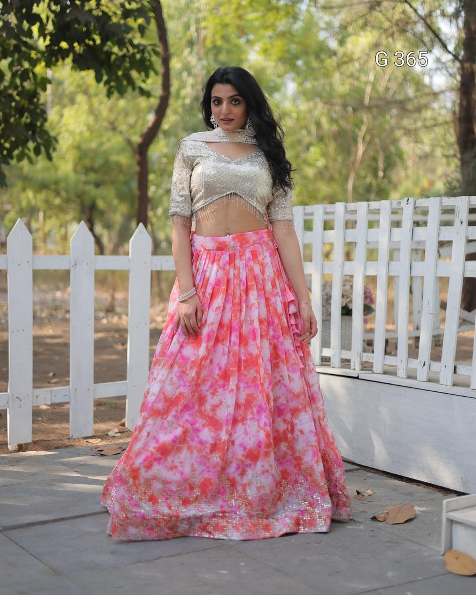 Digital Printed Faux Georgette Lehenga with Sequins & Embroidery – G 365 Pink